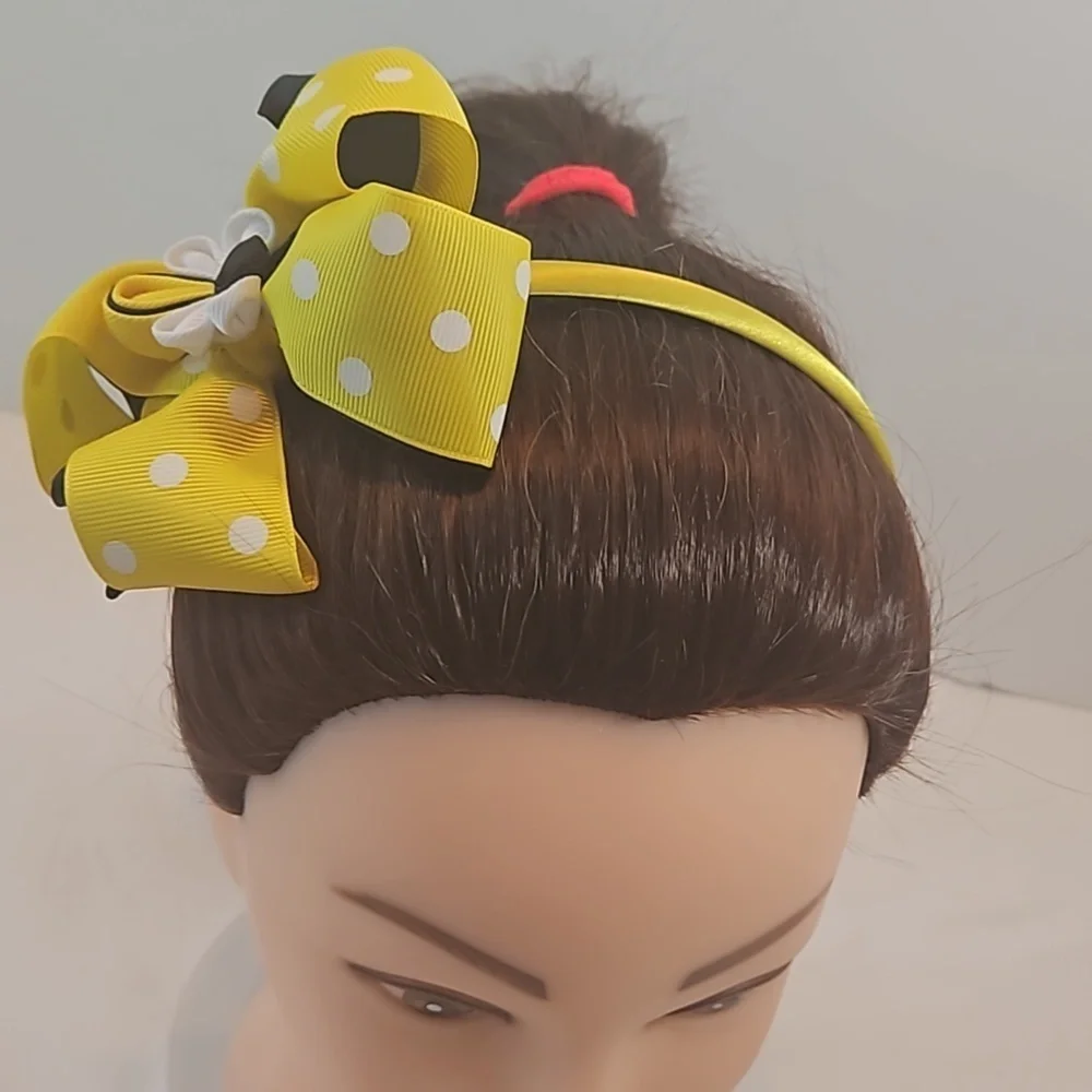 Hand Crafted Handmade Bow Hairband Yellow white polka-dot black contrast ribbon